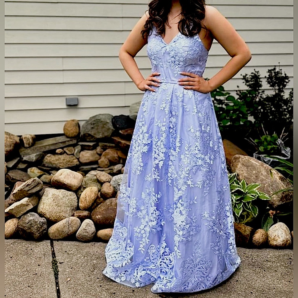Purple floral spaghetti, strapped pastel purple prom dress size medium